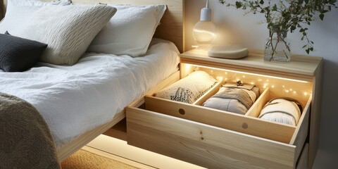 A modern bedroom scene featuring bed and builtin storage