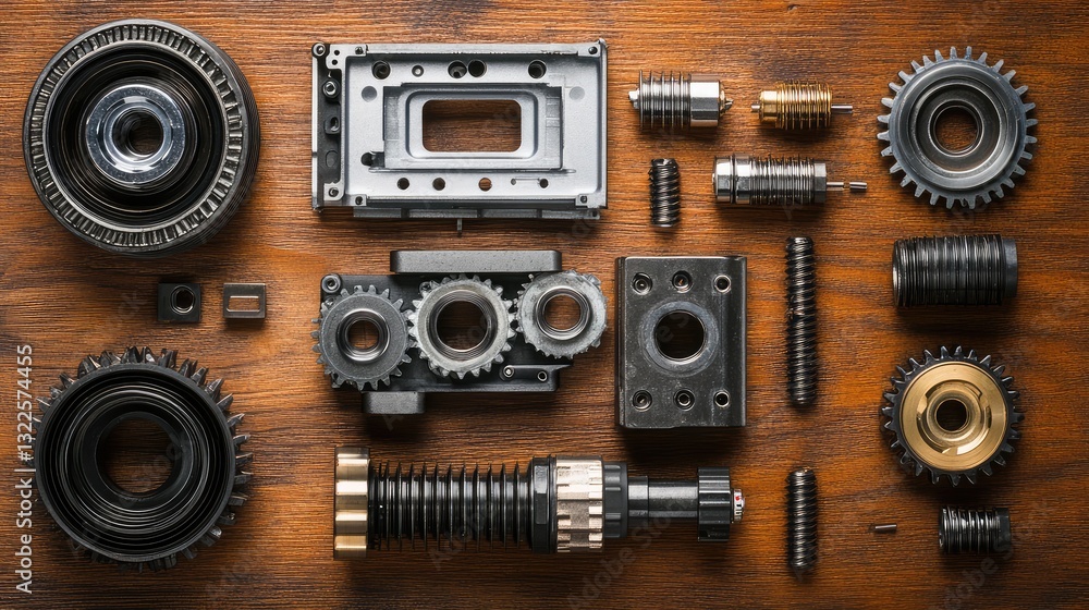Poster an overhead shot of a disassembled gearbox with individual gear components placed neatly around the 