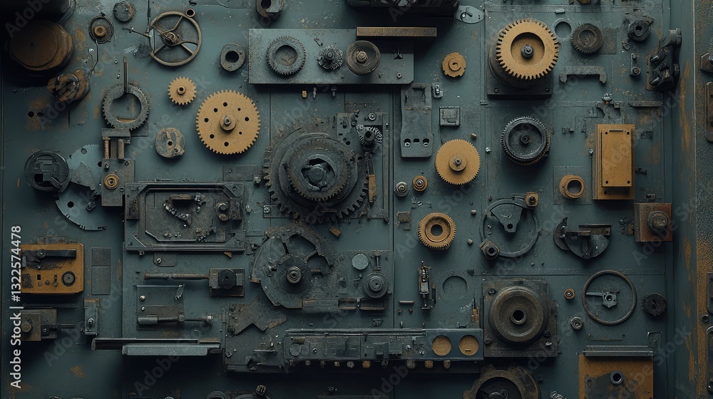 Poster an overhead shot of a disassembled gearbox with individual gear components placed neatly around the 