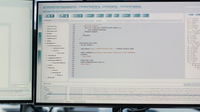 Computers in data center running server rigs diagnostic tests and error checking utilities to identify and resolve software problems. PC software used to monitor critical systems, checking for issues