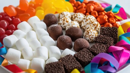 Assorted Easter sweets such as jelly beans, sugar marshmallows, and chocolate truffles, arranged on a white plate with colorful ribbons, joyful and delightful, with copy space.