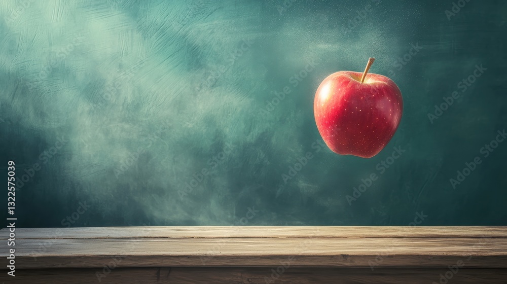 Poster fresh red apple floating above wooden table against dark green chalkboard background in a classroom 