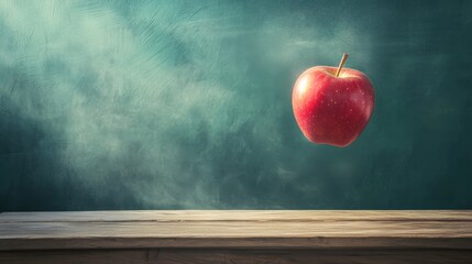 Fresh Red Apple Floating Above Wooden Table Against Dark Green Chalkboard Background in a Classroom Setting