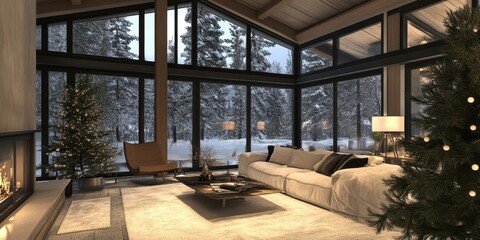 Naklejka premium A cozy living room with a fireplace and snowy view