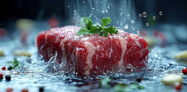 Imagine a juicy pork loin falling into a serene, transparent body of water, with waves and splashes ensuing