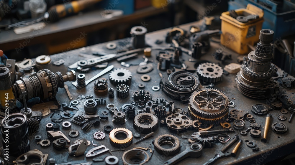 Poster a car's gearbox system opened up with various gears and components exposed, surrounded by tools, sym