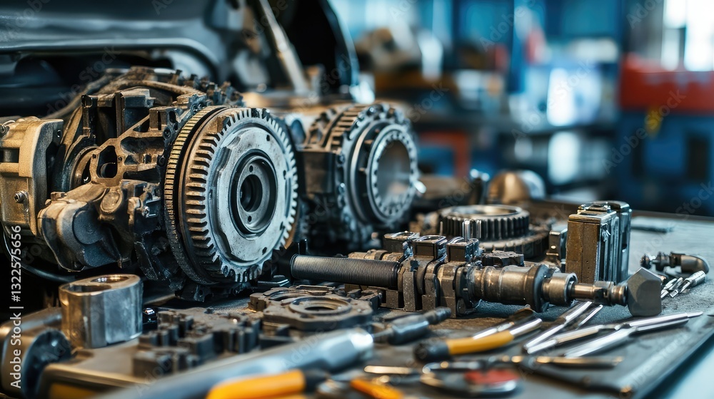Poster a car's gearbox system opened up with various gears and components exposed, surrounded by tools, sym
