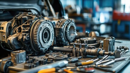 Fototapeta premium A car's gearbox system opened up with various gears and components exposed, surrounded by tools, symbolizing a gear system repair.