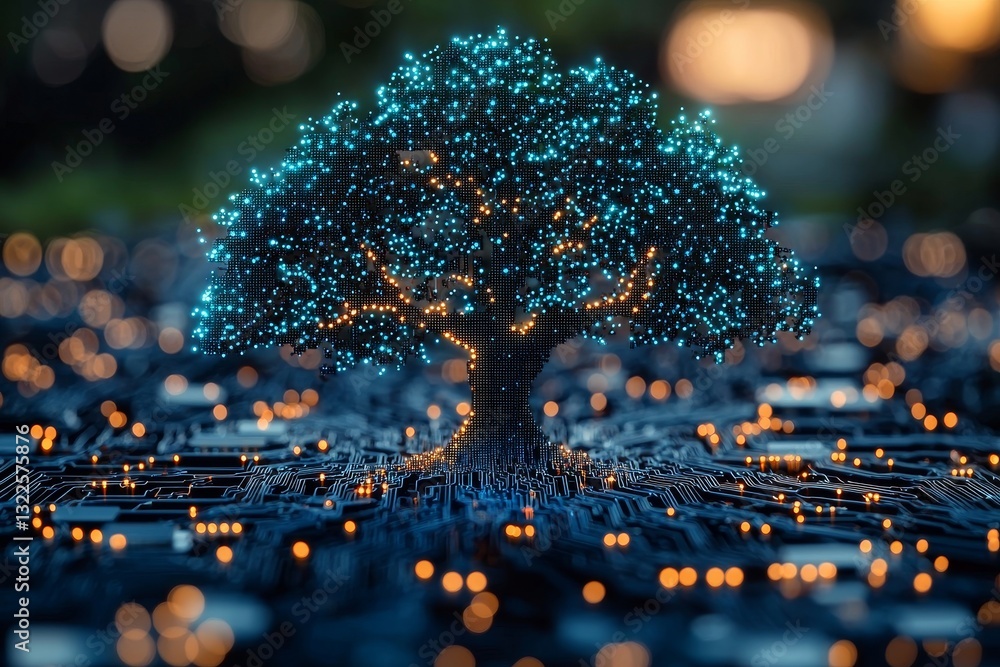 Poster a stock tree entwined with circuit board links, representing technology and innovation in a digital 