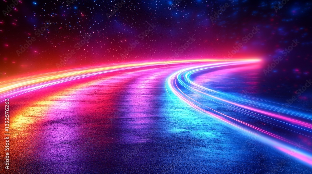 Poster in an abstract universe, dynamic light trails and colorful curves merge into a vibrant, energetic sc