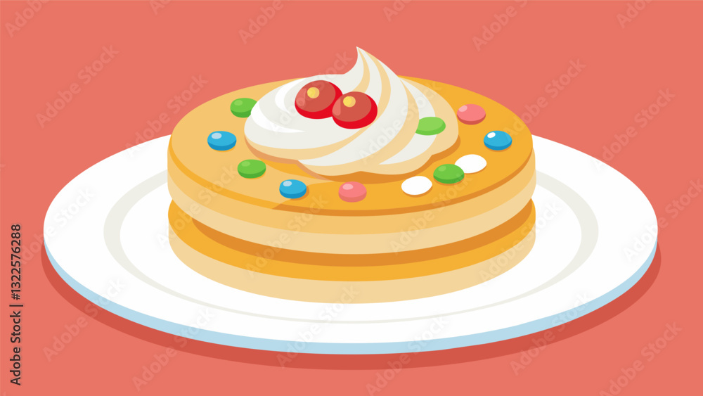 Poster fluffy pancake bites topped with a dollop of whipped cream and a sprinkle of colorful fruit loops.. 