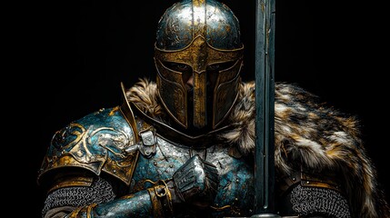 Obraz premium Guardian of Ages: A majestic knight stands in stoic resolve, clad in ornate armor and bearing a gleaming sword. A symbol of valor and fortitude.