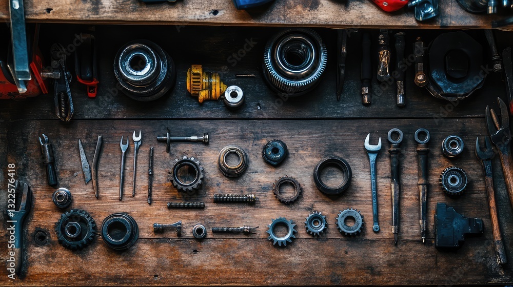Poster a clean workspace with the internal parts of a gearbox and tools like screwdrivers and wrenches read