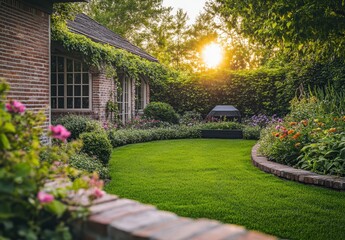 Naklejka premium Serene Backyard Garden at Sunset with Lush Green Lawn, Colorful Flowers, and Soft Sunlight Illuminating the Peaceful Outdoor Space