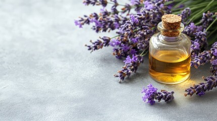 Fototapeta premium A close-up of lavender oil placed next to fresh lavender flowers, on a smooth light surface, offering ample copy space for design or text.