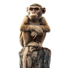 Fototapeta premium A young brown chimpanzee sits thoughtfully with crossed arms atop a weathered tree stump providing copy space for advertising concepts isolated on.