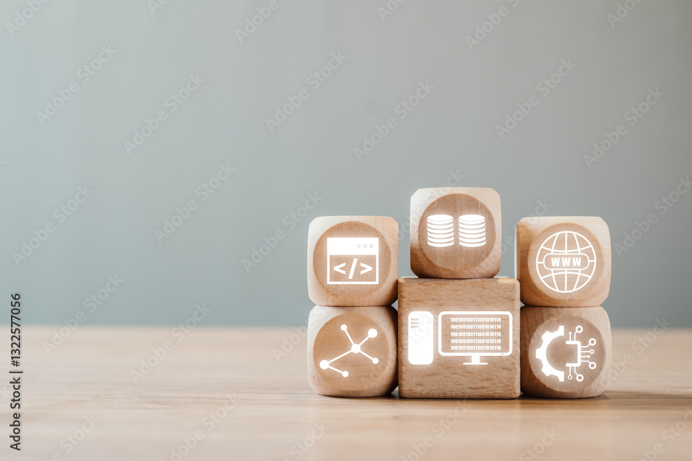 Poster wooden blocks with digital icons symbolizing various aspects of information technology on a simple b