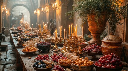Lavish Feast Table: A long table laden with a bountiful spread of delectable dishes and ornate decorations, evoking the opulence of a grand banquet.