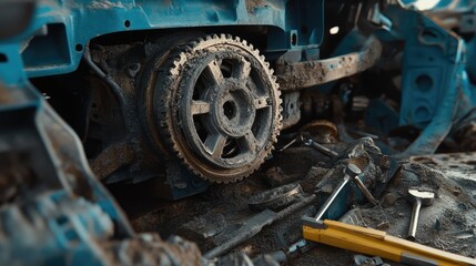 A close-up shot of the gears inside a car's transmission system, with the surrounding repair tools, indicating ongoing repair work.