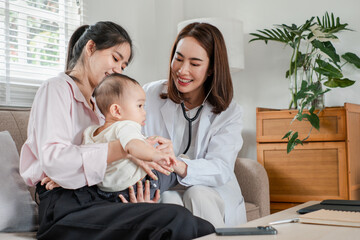 A pediatrician visits a home, examining a baby while the mother smiles, creating a warm and caring...