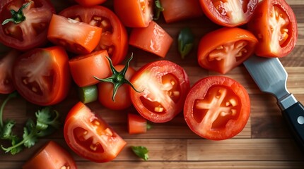 Freshly sliced and diced tomatoes on a wooden cutting board, vibrant red tomatoes prepared for cooking with a sharp kitchen knife