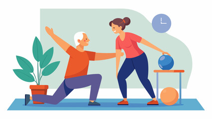 A physical the demonstrating exercises and techniques to help seniors improve mobility and prevent falls.. Vector illustration
