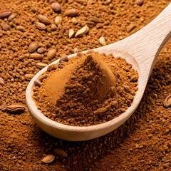 Pile ground, milled nutmeg powder in wooden spoon isolated