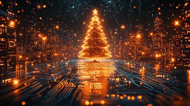 Elegant Merry Christmas greeting card with a computer technology theme. Digital version of a Christmas tree. Digital technology Christmas poster template. Detailed Christmas cards with a modern tech