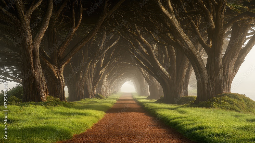 Aufkleber a foggy forest path with tall, dark trees and mist lingering in the air, creating an ethereal atmosp
