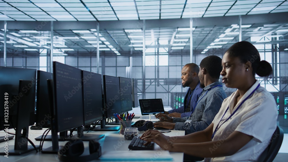 Poster data center engineers maintaining company network infrastructure by installing, configuring, trouble
