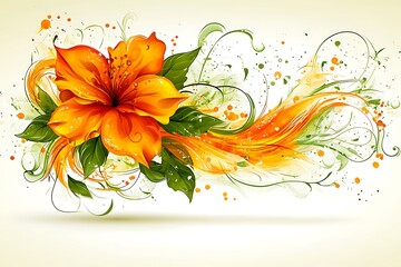 A beautiful vibrant flower decorated with green leaves and swirls
