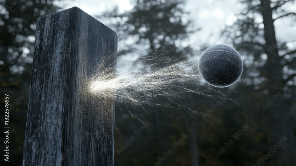 Poster energy sphere traveling through a wooden post, dynamic motion in a natural setting with trees in bac