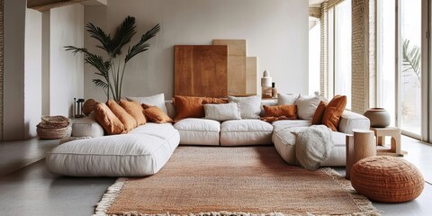 Comfortable living room design featuring large sectional sofa and accessories