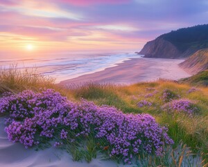 Fototapeta premium Serene Coastal Landscape at Sunset with Vibrant Wildflowers and Ocean Waves in the Background Undersoft Pink and Purple Skies