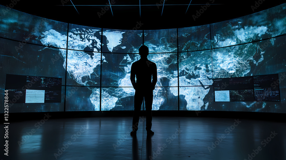 Poster world map monitor: a person stands before a vast wall of monitors displaying a world map, enveloped 