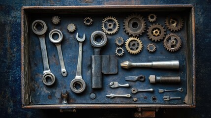 A mechanic's toolbox with essential tools next to a disassembled car gear system, with clear space for product or design display.