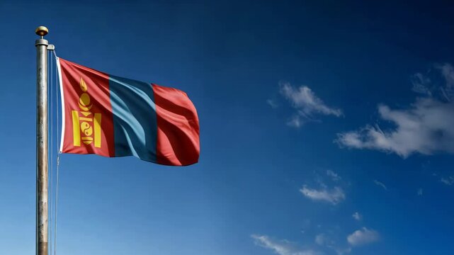 national flag of mongolia waving on the wind, banner in the blue sky