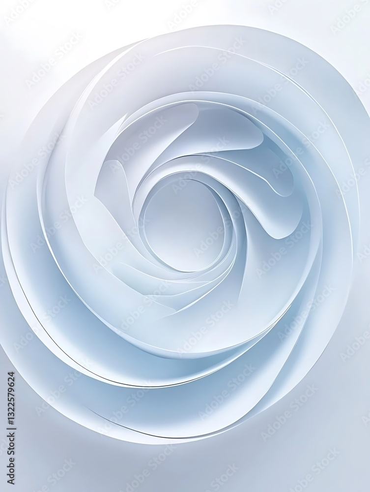 Poster abstract composition of layered swirling shapes with cool, soft color