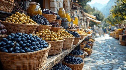 Mediterranean Market Display: A vibrant outdoor market scene with an abundance of colorful olives and local delicacies beckons with its charming presentation, ready for tasting and buying.