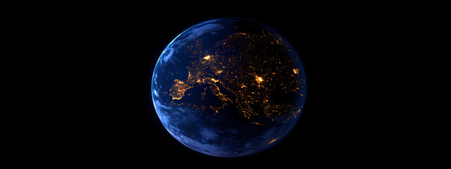 Obraz premium Night's Embrace: The illuminated Earth shimmers against the backdrop of the universe's endless black canvas, representing humanity's presence. The stunning imagery reflects the earth from space.