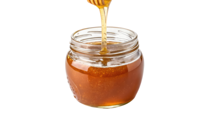 Transparent glass jar filled with rich golden honey pouring in a silky stream, ideal for natural food packaging, gourmet dessert designs, and honey product advertisements on transparent background PNG