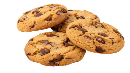 Freshly baked chocolate chip cookies with a golden brown texture and gooey chocolate chips, perfect for bakery branding and dessert illustrations on transparent background PNG