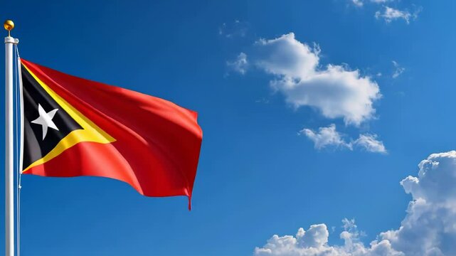national flag of timor east waving on the wind, banner in the blue sky