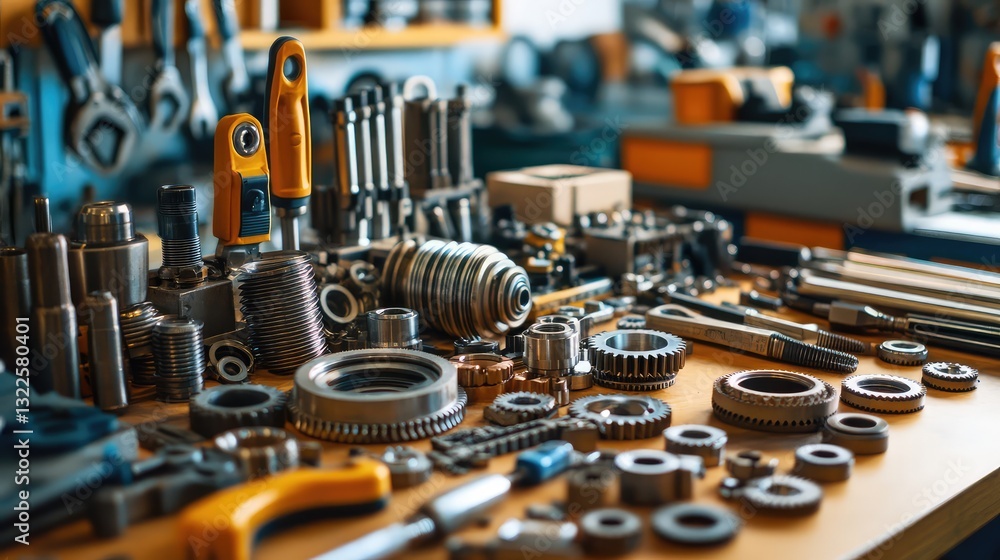 Aufkleber a set of gears and mechanical components of a gearbox arranged on a workbench with repair tools for 