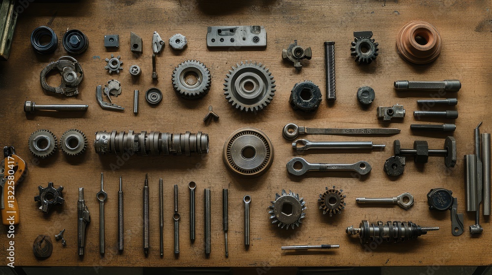 Poster a set of gears and mechanical components of a gearbox arranged on a workbench with repair tools for 