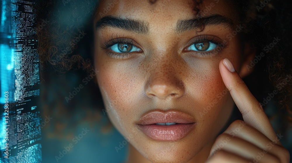 Poster a business black woman uses an ai or ux interface on a world tablet to access a metaverse of data, i