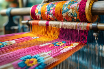 Colorful embroidered fabric being woven on antique loom