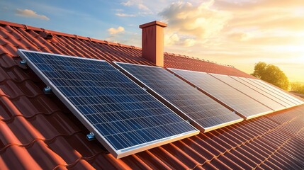 A solar panel system on the roof of a building with sunlight reflecting on the panels, promoting eco-friendly energy use.