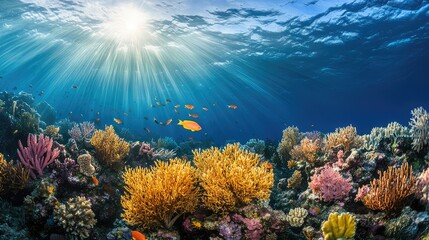 Naklejka premium A thriving coral ecosystem with an abundance of marine life, symbolizing the success of sustainable conservation practices.