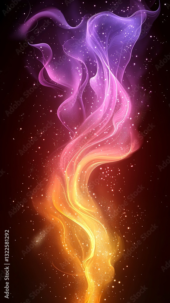 Poster a swirling multicolored abstract design with particle effects against dark background